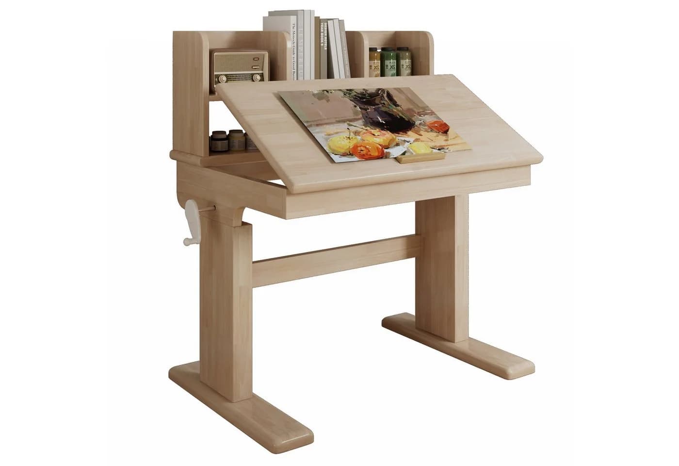 KLAM HOME Kindertisch aus Massivholz mit Kurbel & neigbarer Platte Beige