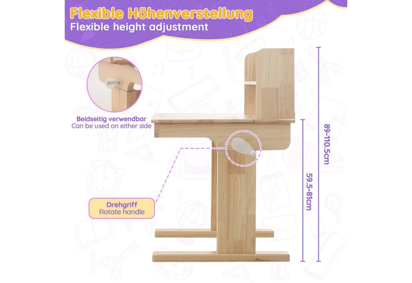 KLAM HOME Kindertisch aus Massivholz mit Kurbel & neigbarer Platte Beige - Bild 4