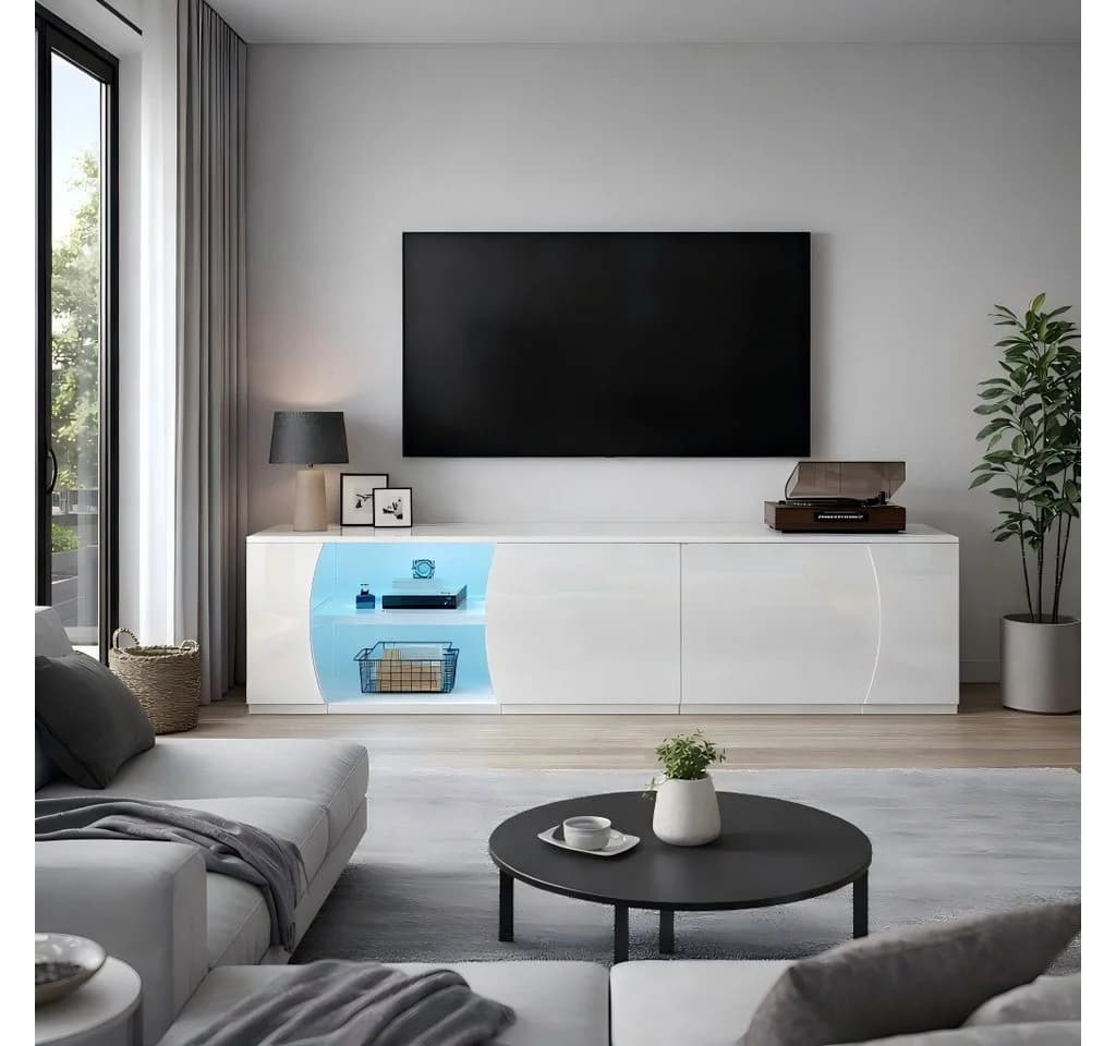KLAM HOME Lowboard Weißer TV-Schrank mit LED & Glas - Bild 2