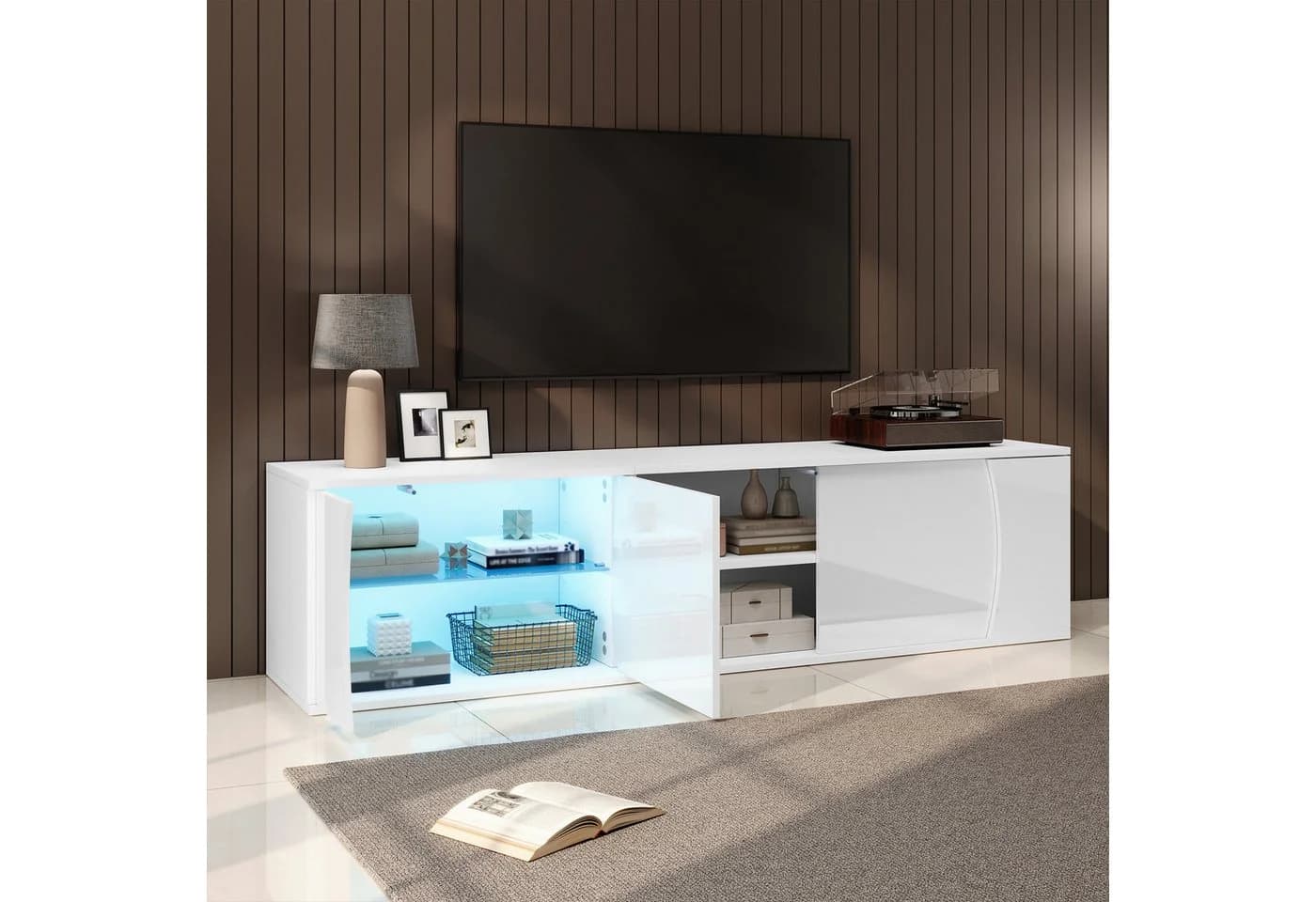 KLAM HOME Lowboard Weißer TV-Schrank mit LED & Glas - Bild 3