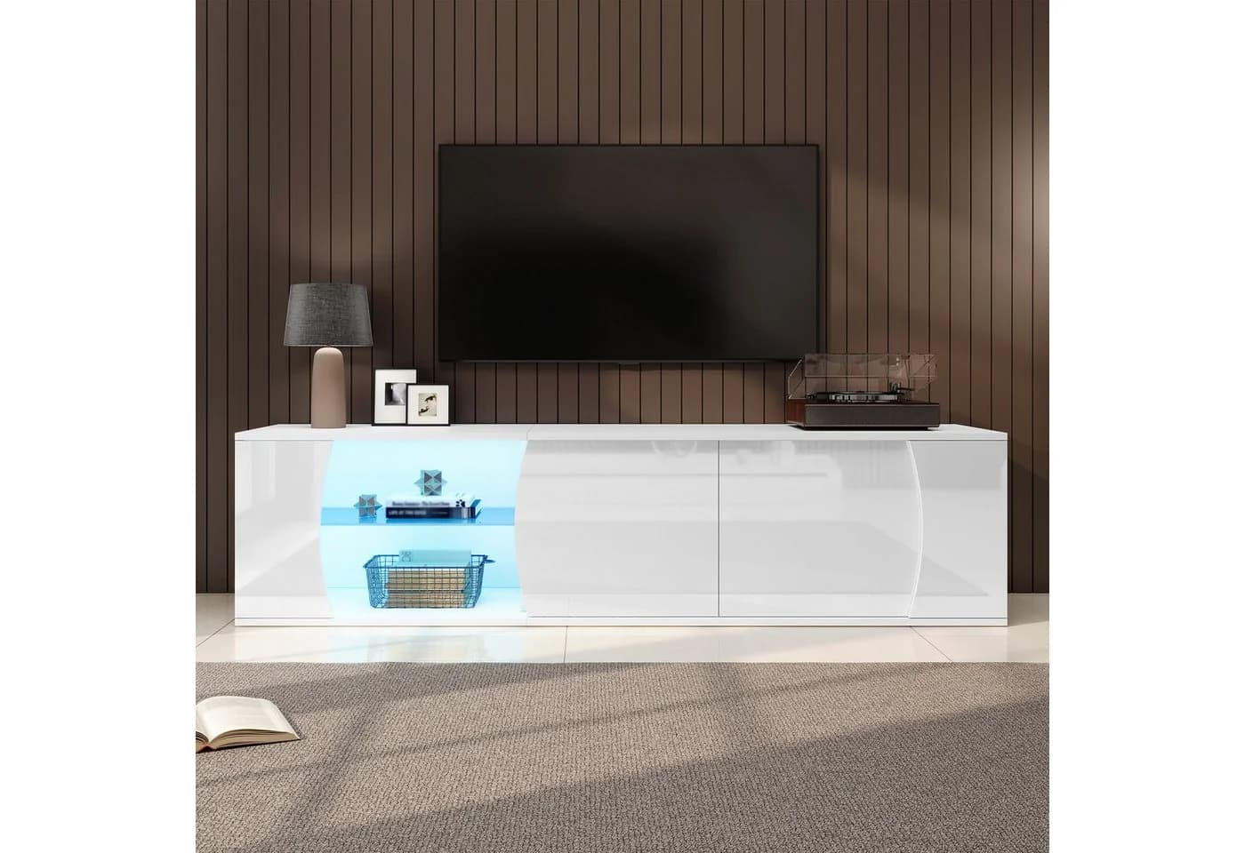 KLAM HOME Lowboard Weißer TV-Schrank mit LED & Glas - Bild 4