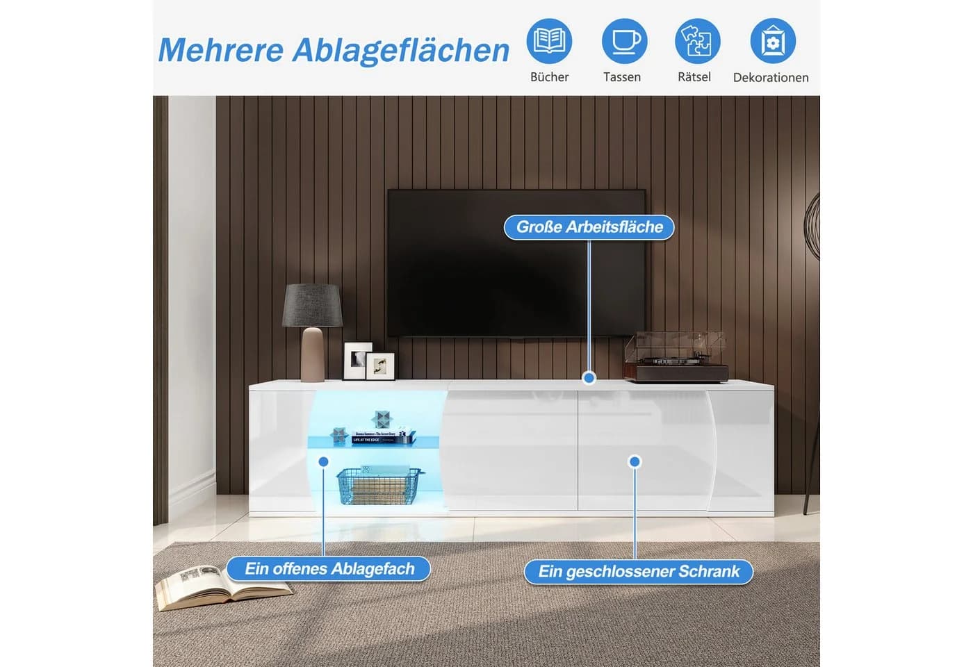KLAM HOME Lowboard Weißer TV-Schrank mit LED & Glas - Bild 5
