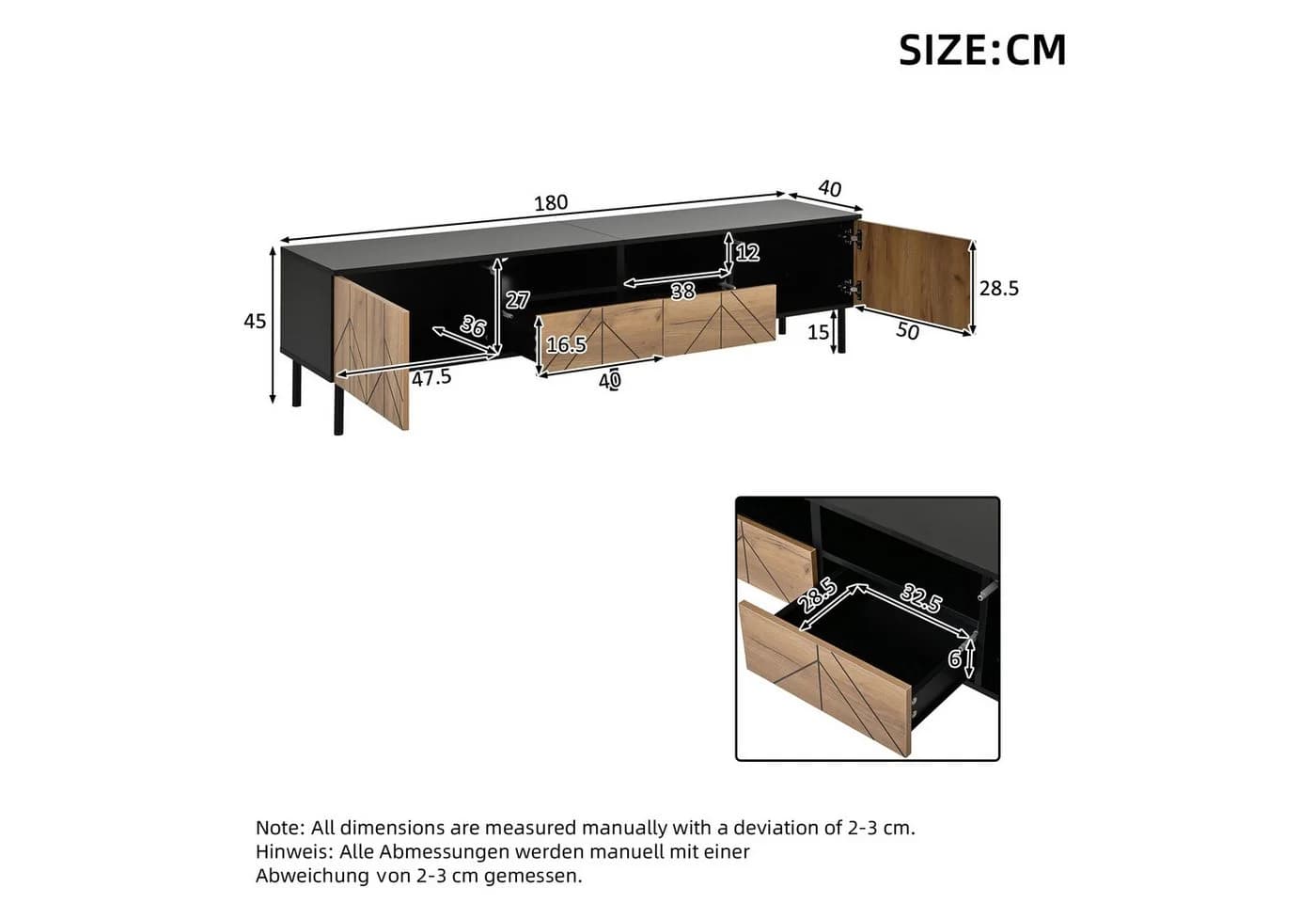 KLAM HOME Lowboard TV-Schrank Schwarz-Holzoptik mit Schubladen & Türen - Bild 3