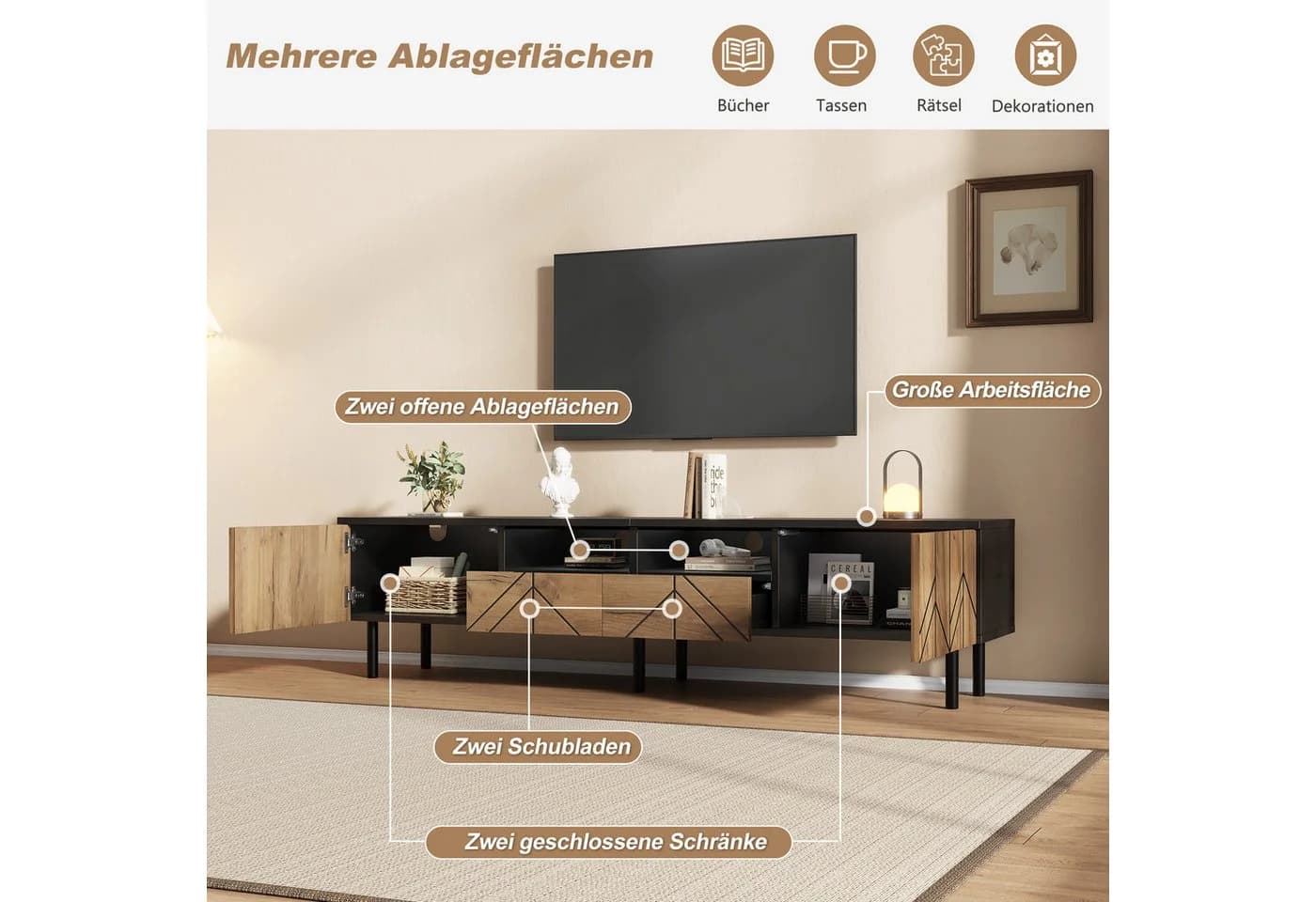 KLAM HOME Lowboard TV-Schrank Schwarz-Holzoptik mit Schubladen & Türen - Bild 5