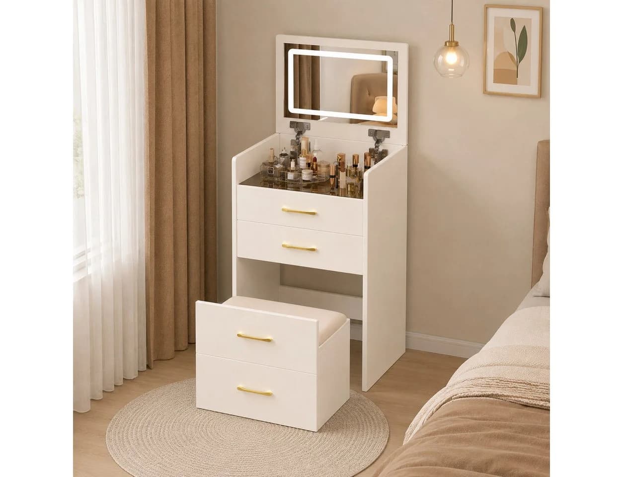 KLAM HOME Schminktisch 3-in-1 Weiß/Walnuss mit Glasplatte & Hocker - Bild 2