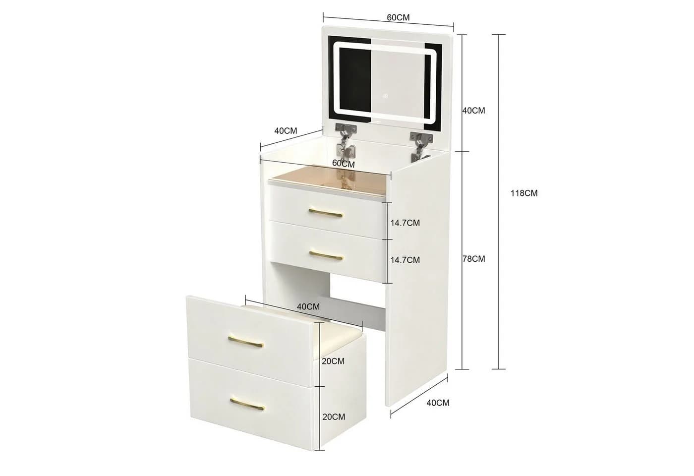 KLAM HOME Schminktisch 3-in-1 Weiß/Walnuss mit Glasplatte & Hocker - Bild 3