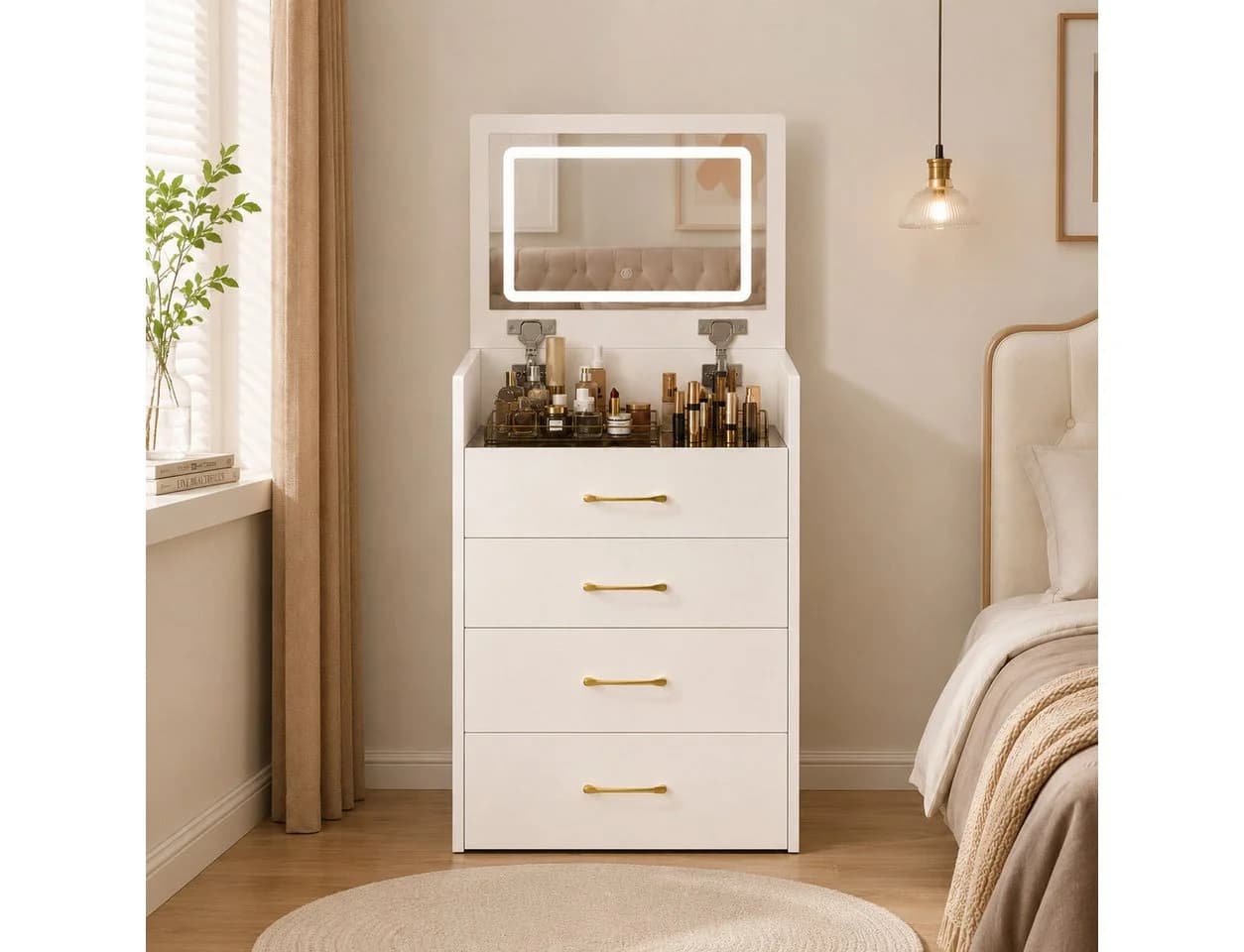 KLAM HOME Schminktisch 3-in-1 Weiß/Walnuss mit Glasplatte & Hocker - Bild 4