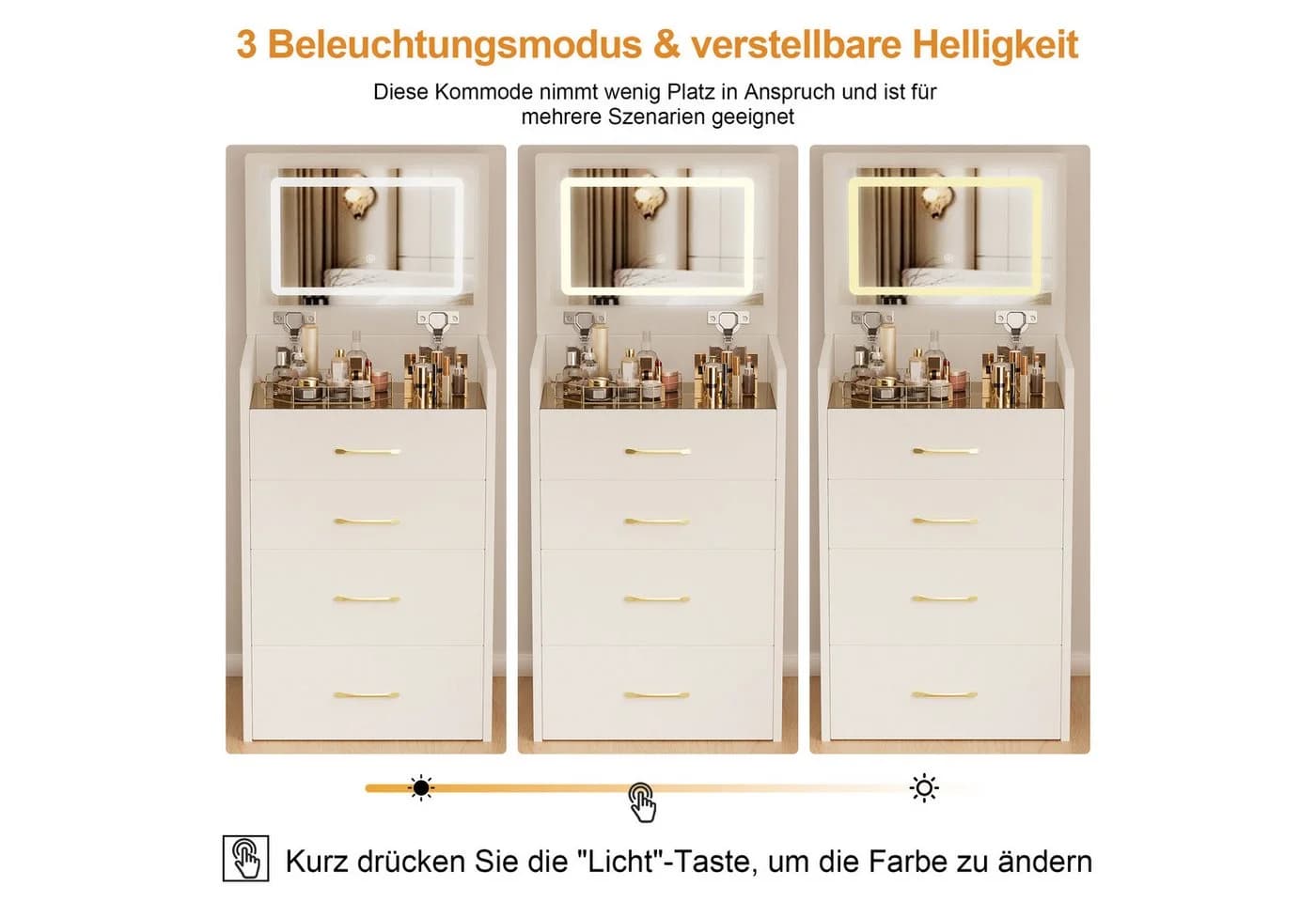 KLAM HOME Schminktisch 3-in-1 Weiß/Walnuss mit Glasplatte & Hocker - Bild 5