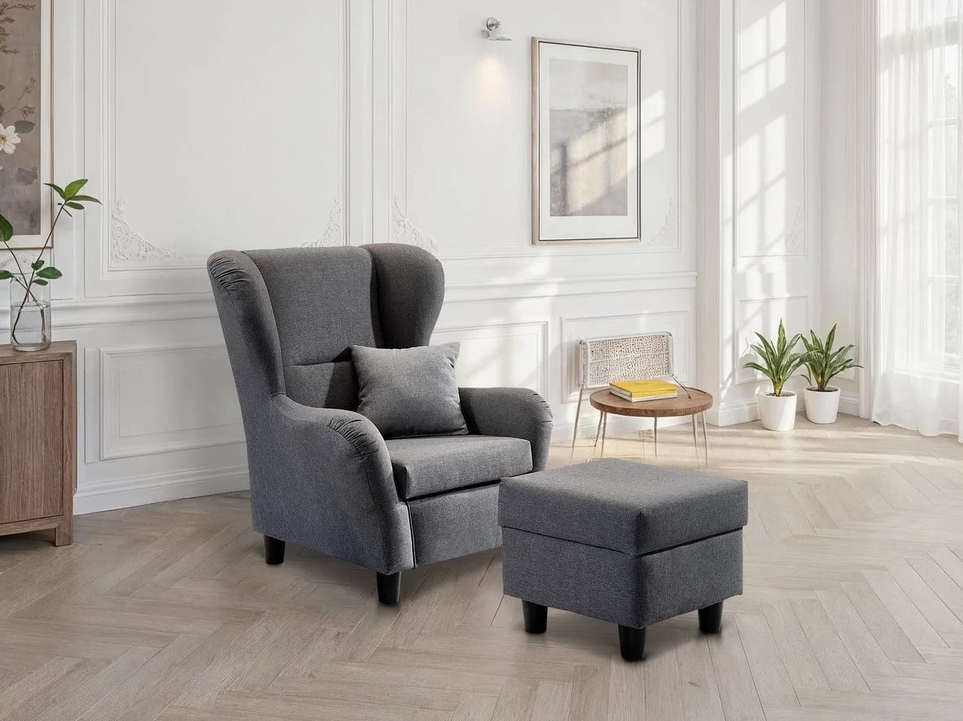 luma-home Ohrensessel 18001 Grau Lesesessel mit Hocker