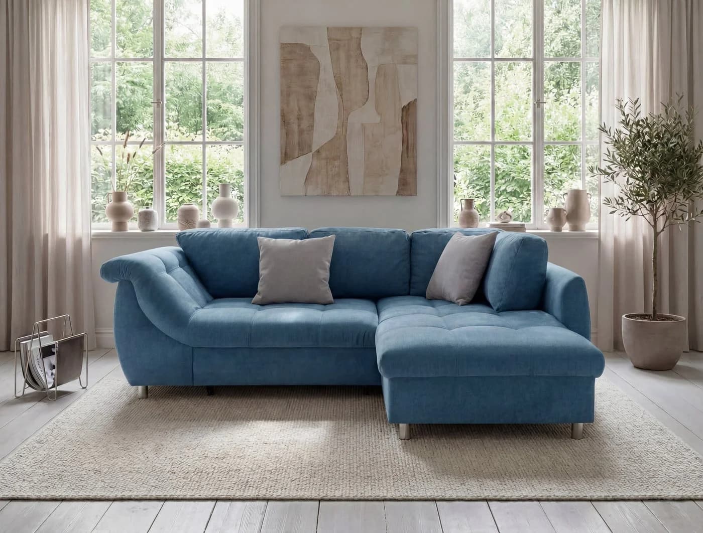 luma-home Ecksofa 17107 mit Bettfunktion, Ottomane rechts, Wellenunterfederung, Mikrofaser Blau - Bild 3