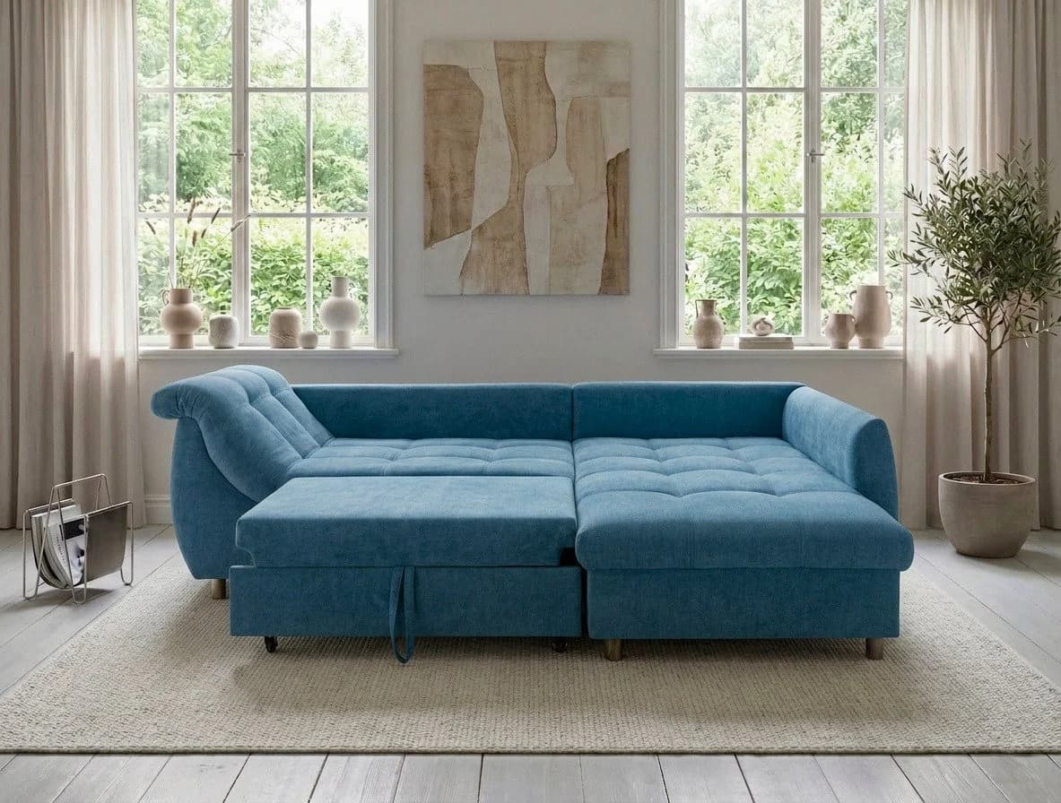 luma-home Ecksofa 17107 mit Bettfunktion, Ottomane rechts, Wellenunterfederung, Mikrofaser Blau - Bild 4