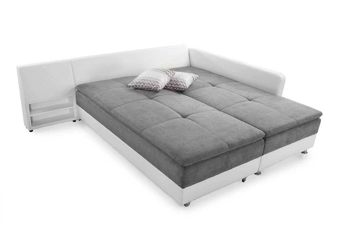 luma-home Ecksofa 15103 Doppelbett Hell-Grau/Kunstleder Weiß