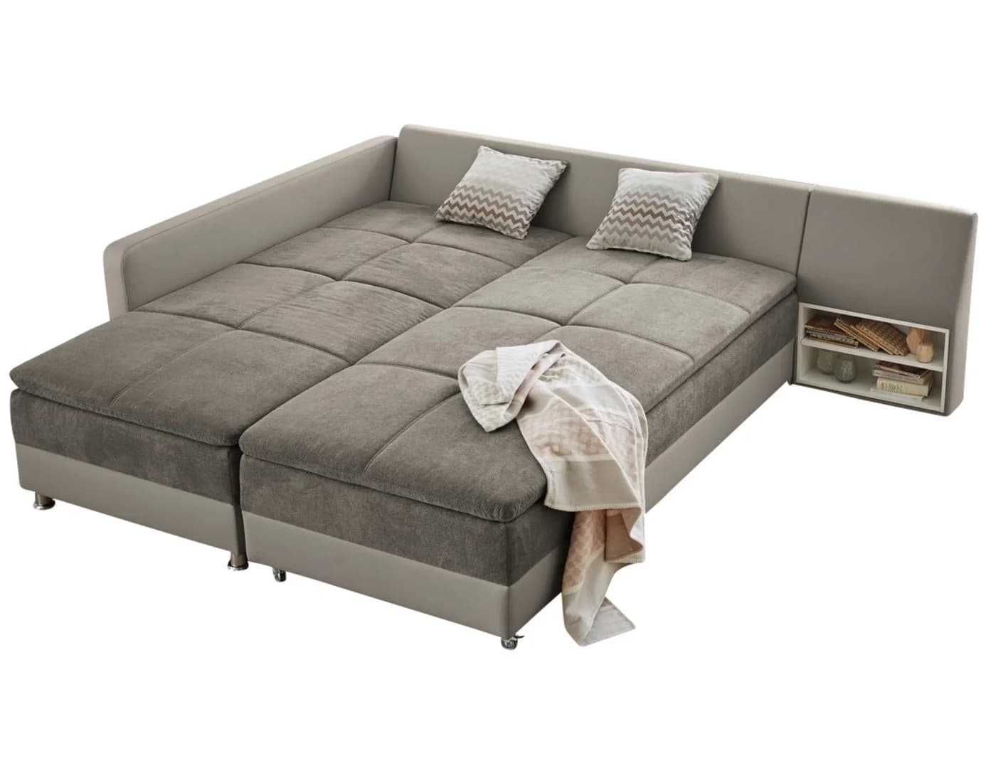 luma-home Ecksofa 15102 Dauerschläfer Doppelbett Grau Braun/Kunstleder Beige
