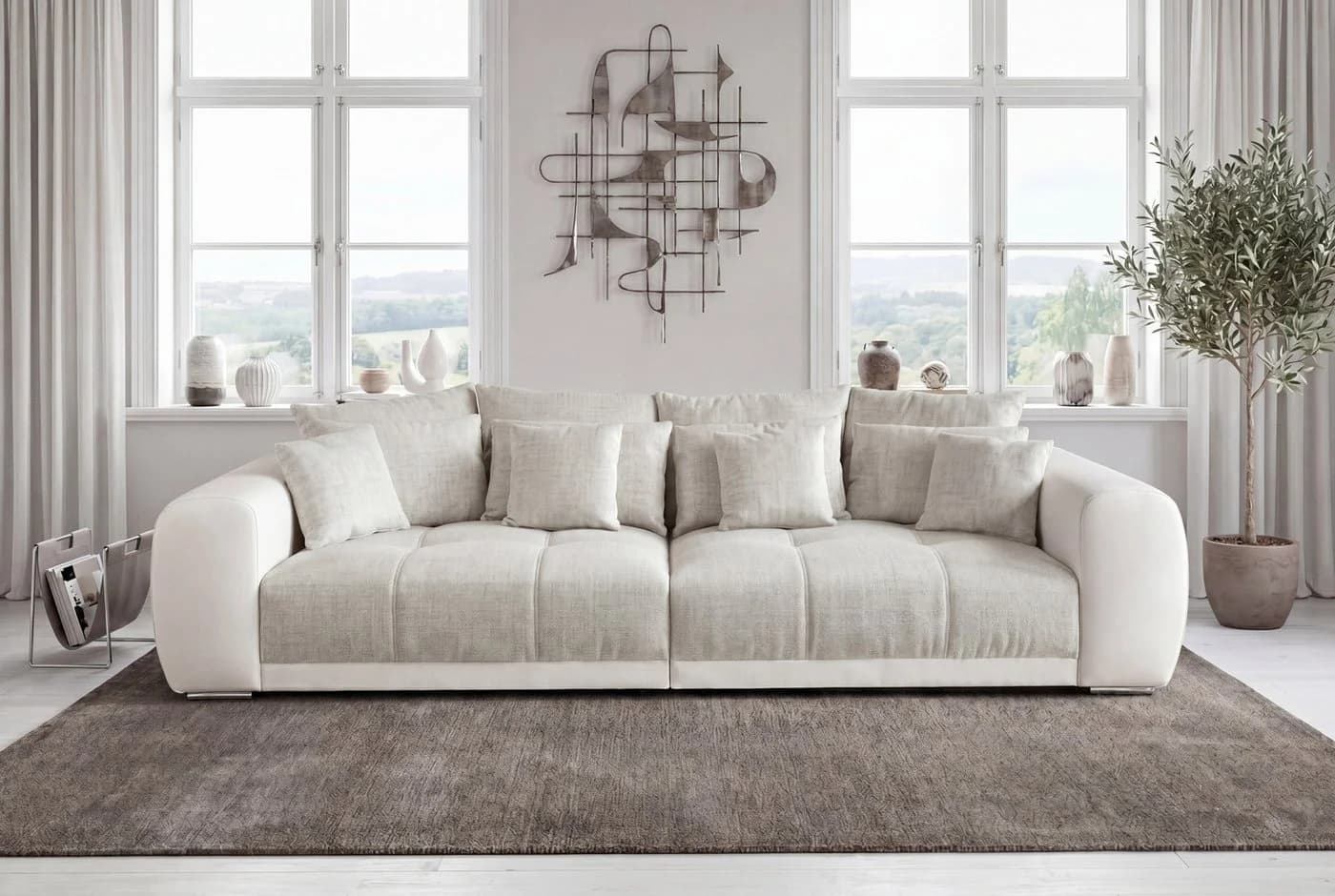 luma-home Big-Sofa 15113 XXL-Couch Kunstleder Weiß/Web-Strukturstoff Grau Beige
