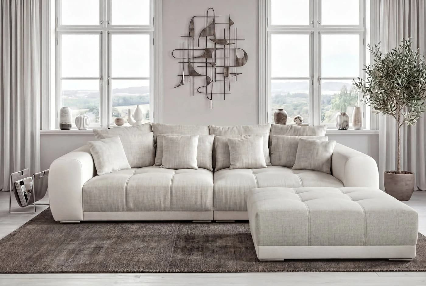 luma-home Big-Sofa 15113 XXL-Couch Kunstleder Weiß/Web-Strukturstoff Grau Beige - Bild 3