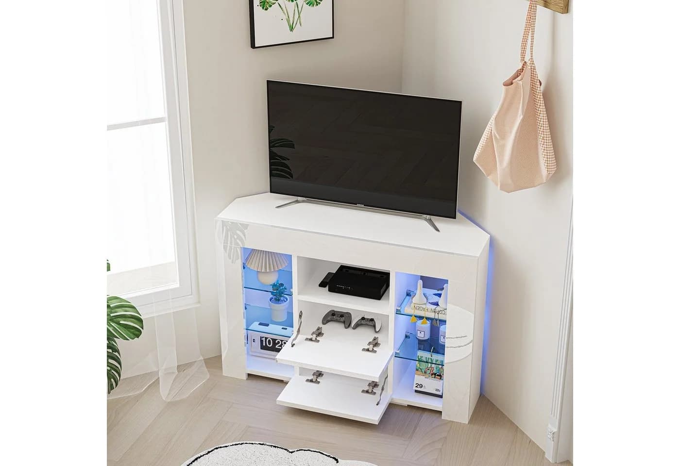 Dripex TV Eckschrank Fernsehtisch Hochglanz Weiß 100x40x68 cm