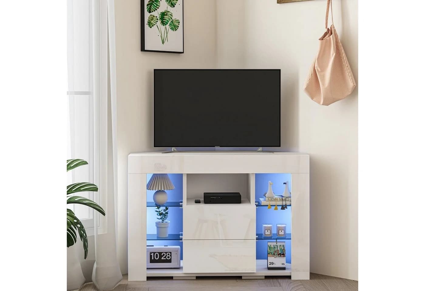 Dripex TV Eckschrank Fernsehtisch Hochglanz Weiß 100x40x68 cm - Bild 3