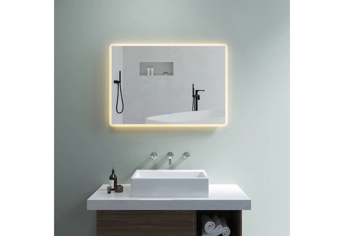 AQUABATOS LED Badspiegel mit Beleuchtung, Dimmbar, Antibeschlag, Silber