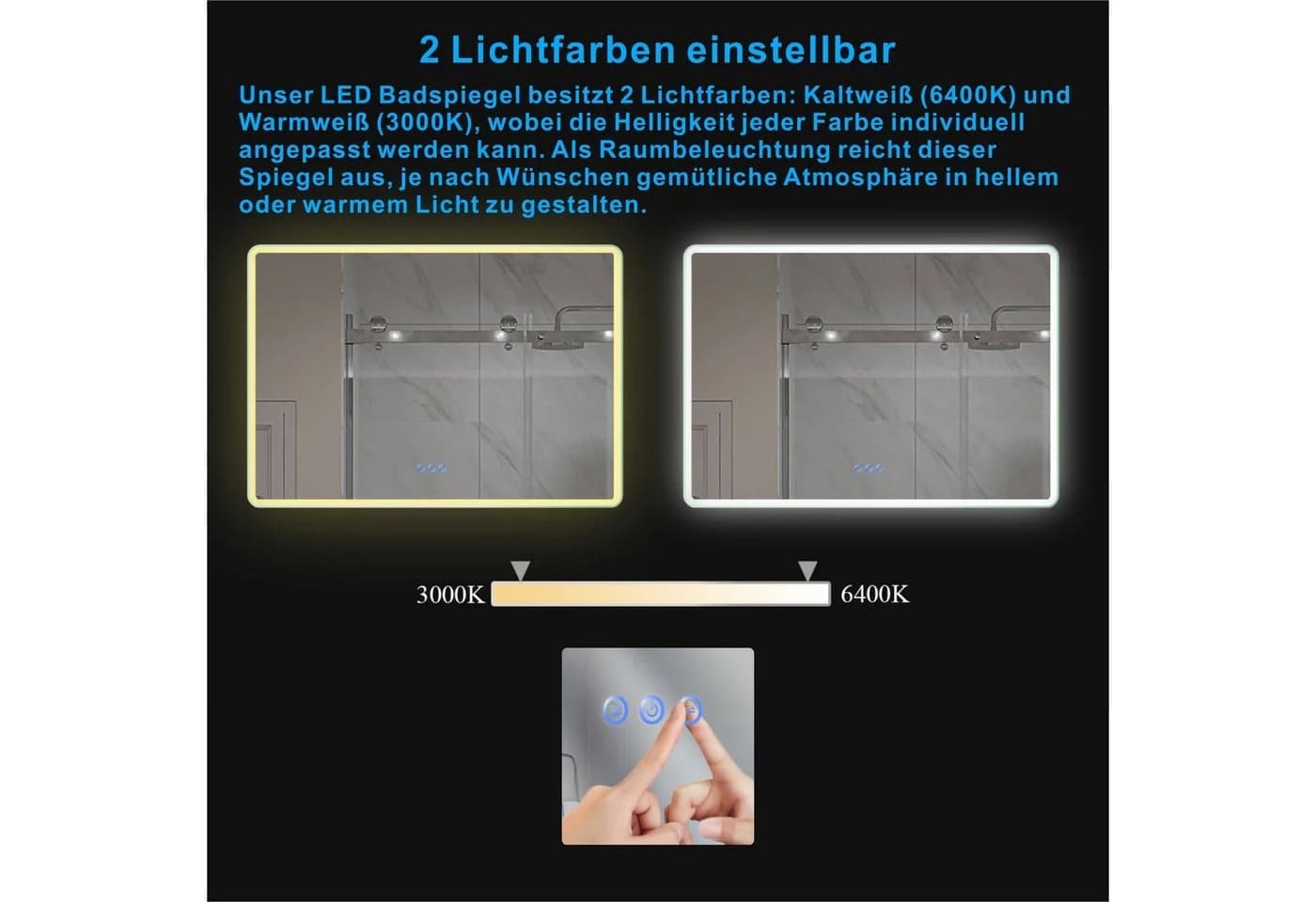 AQUABATOS LED Badspiegel mit Beleuchtung, Dimmbar, Antibeschlag, Silber - Bild 5