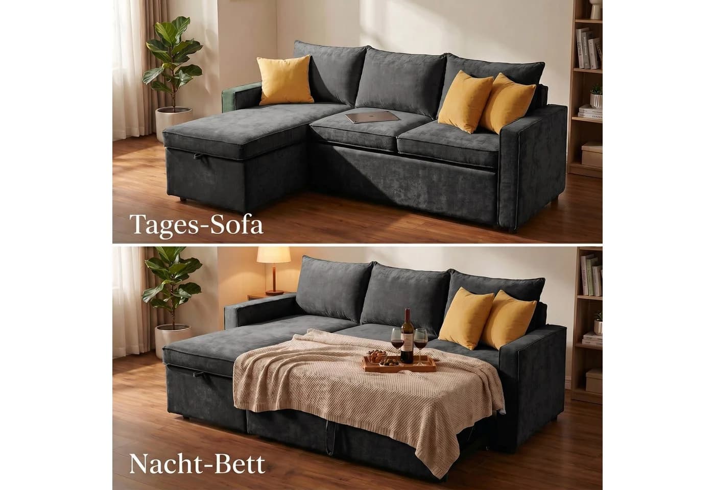 Jiexi L-Form Schlafsofa mit Bettkasten Chenille Récamiere