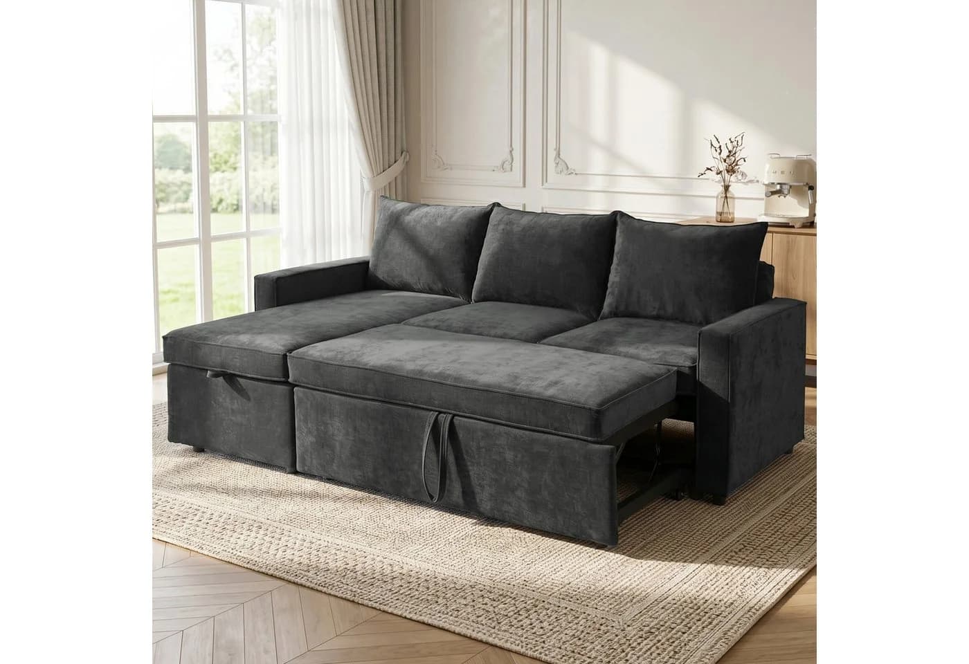 Jiexi L-Form Schlafsofa mit Bettkasten Chenille Récamiere - Bild 2