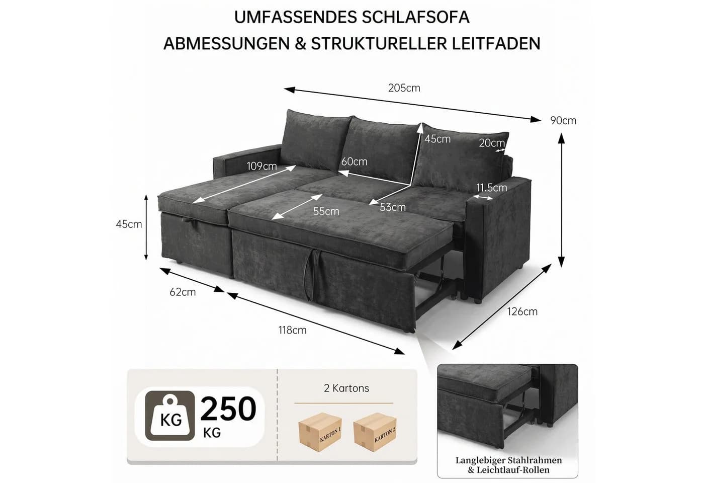 Jiexi L-Form Schlafsofa mit Bettkasten Chenille Récamiere - Bild 3