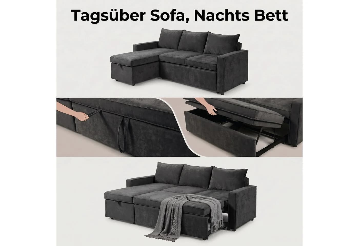 Jiexi L-Form Schlafsofa mit Bettkasten Chenille Récamiere - Bild 5