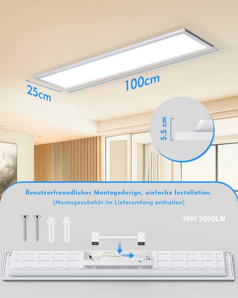 Lujasi LED Deckenleuchte 36W 3600LM LED Panel Flach 100 x 25 x 5,5 cm - Bild 4