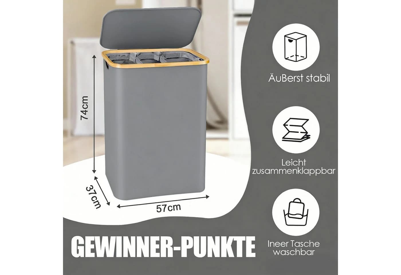 skelo Wäschekorb 3 Fächer 160 L Wäschesammler - Bild 4