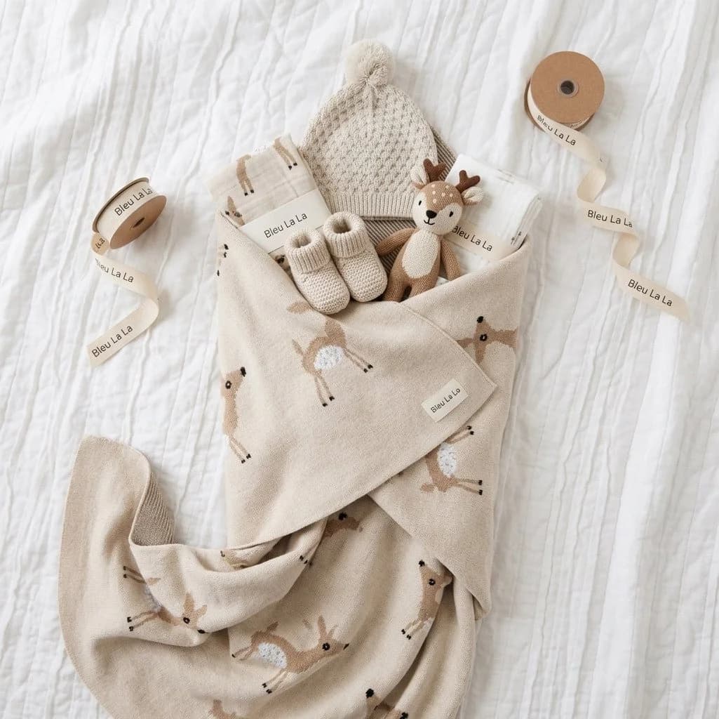 Bleu La La Babydecke Whimsy Collection Gestrickt 100% Baumwolle Schafmotiv