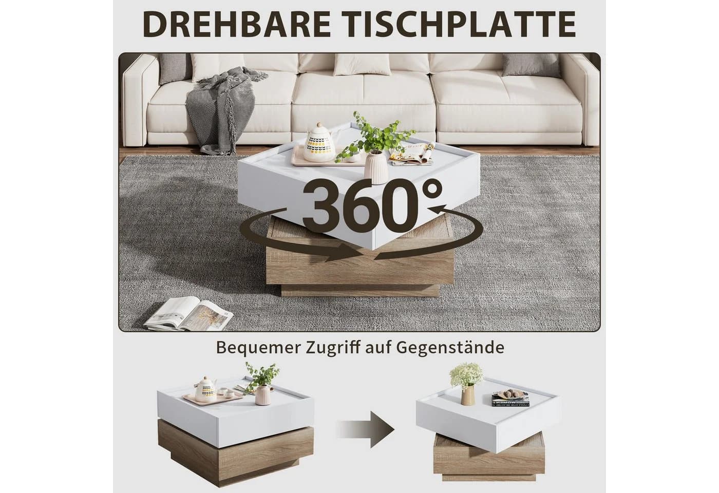 SeedWave Couchtisch Sofatisch 360° Drehbar Weiß - Bild 3