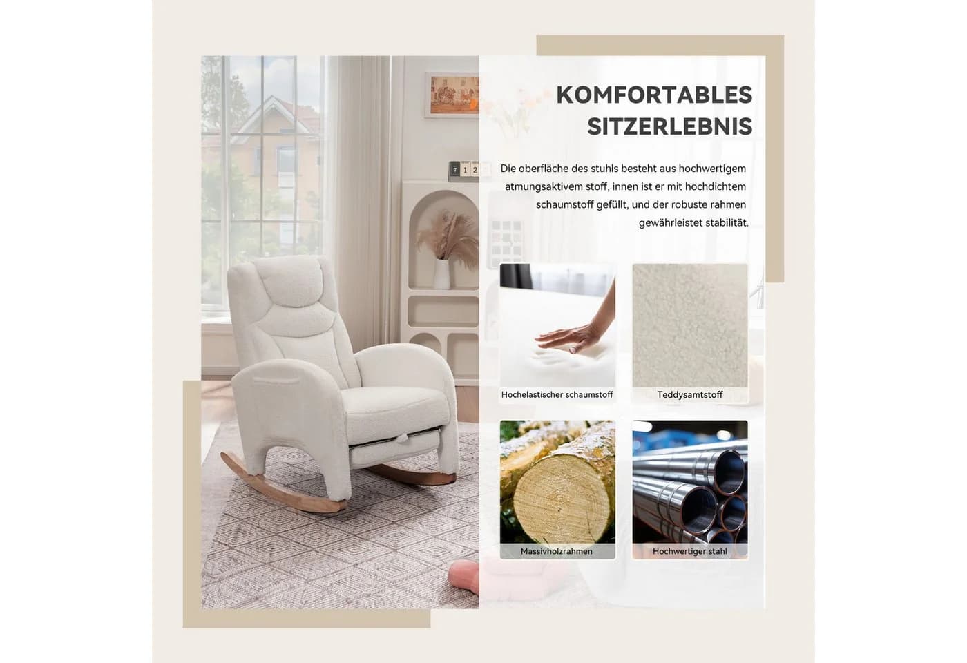SeedWave Schaukelstuhl mit Armlehnen Teddy-Fleece Anti-Kipp-Design - Bild 4