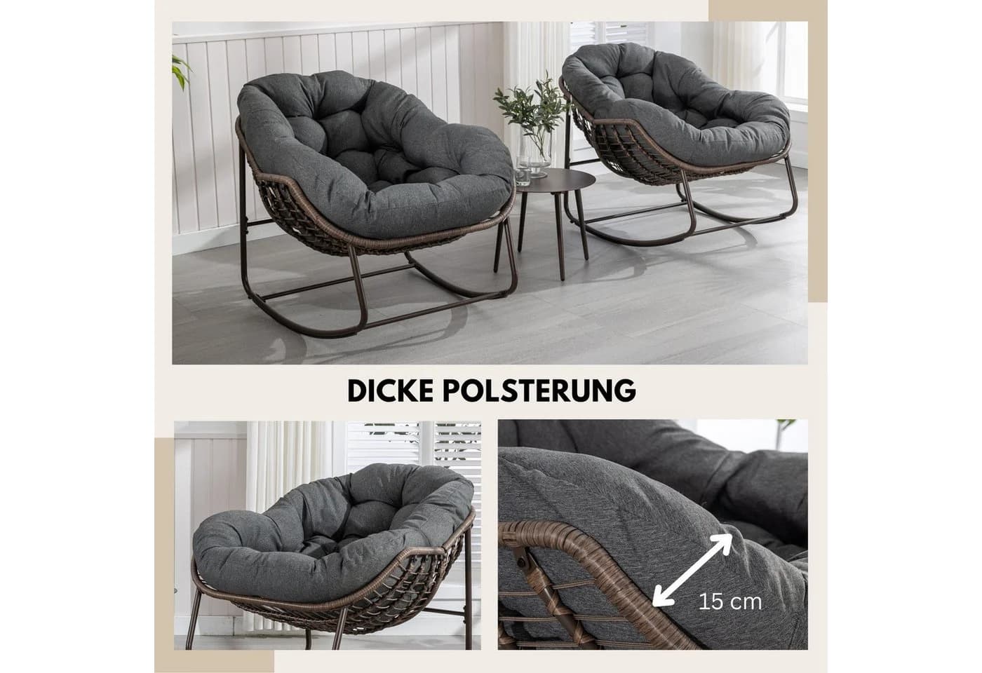 SeedWave Schaukelstuhl Grau PE-Rattan mit 15 cm Kissen - Bild 3