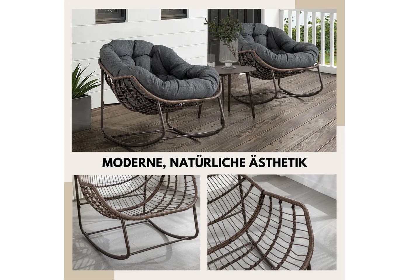 SeedWave Schaukelstuhl Grau PE-Rattan mit 15 cm Kissen - Bild 5