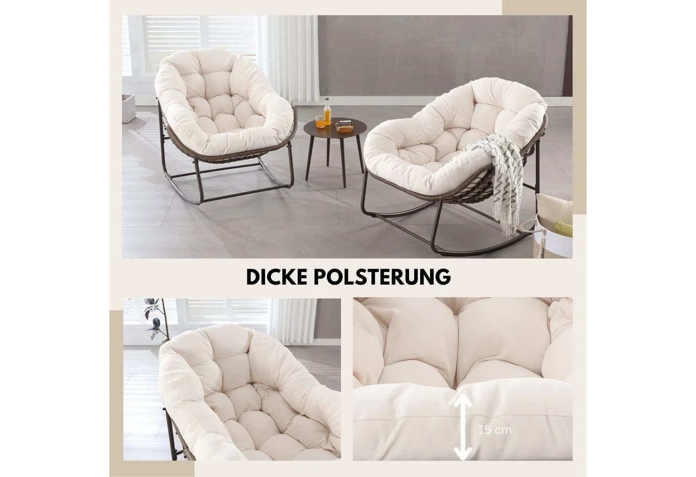 SeedWave Schaukelstuhl Weiß PE-Rattan Olefin-Fleece Kissen - Bild 3