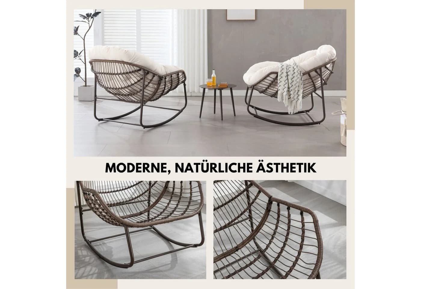 SeedWave Schaukelstuhl Weiß PE-Rattan Olefin-Fleece Kissen - Bild 5