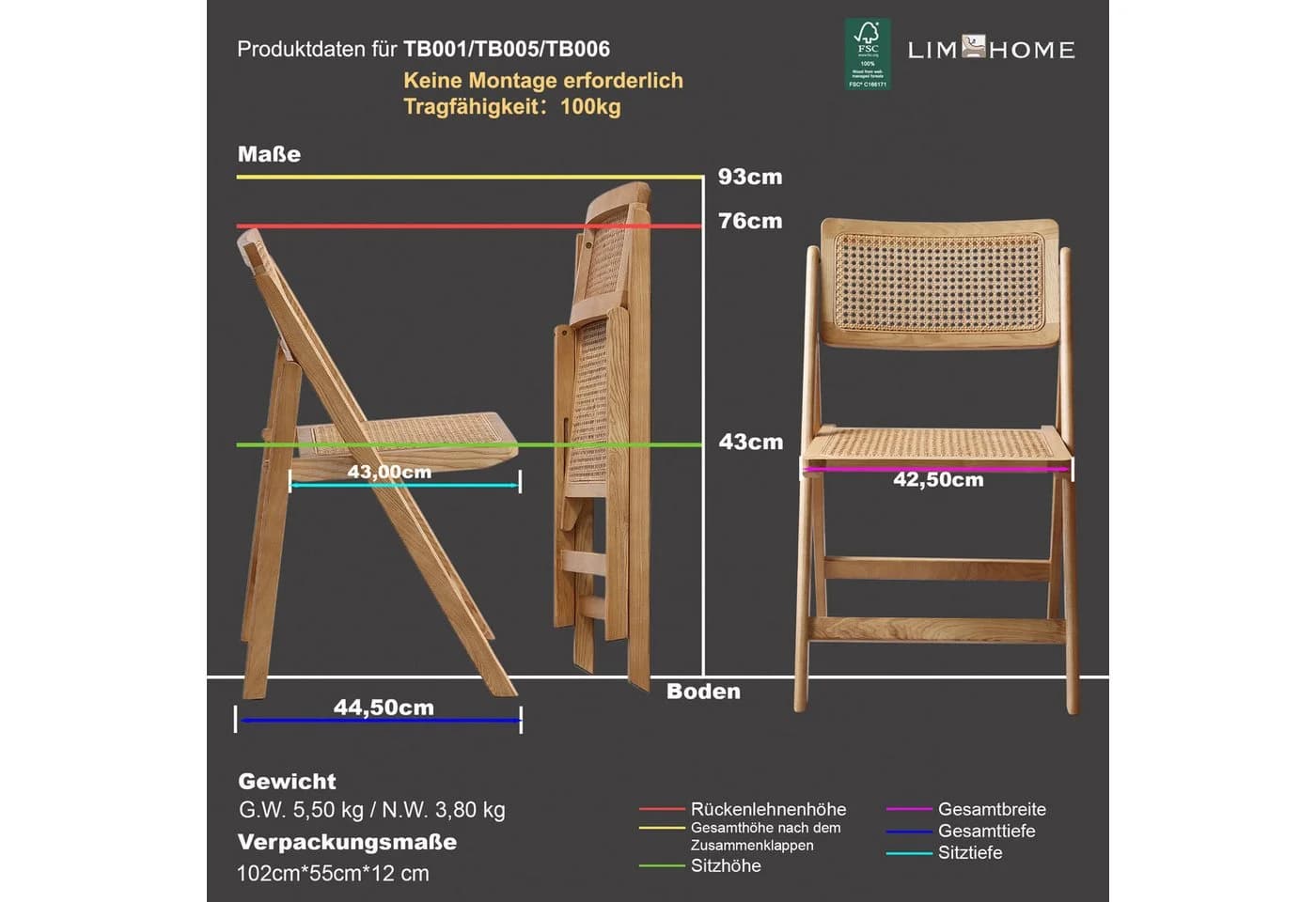 LIM HOME Klappstuhl TB000 Massivholz Rattan
