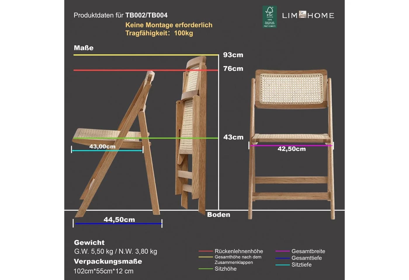 LIM HOME Klappstuhl TB000 Rattan Eiche Natur