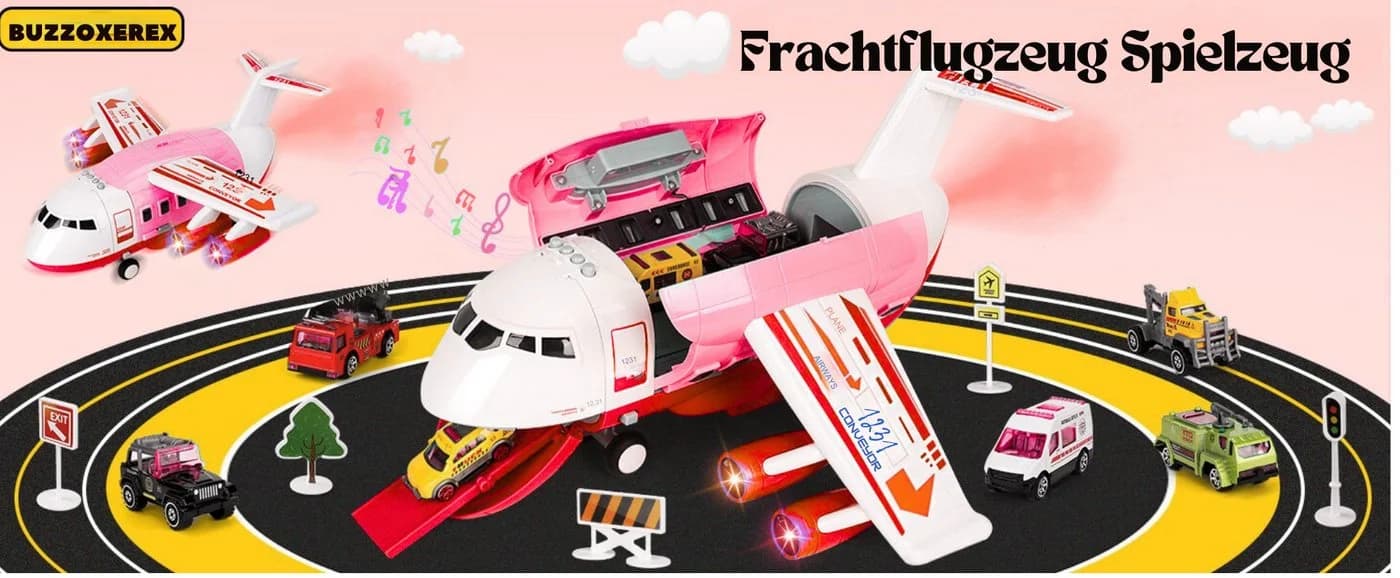 Vivitar Spielzeug-Flugzeug mit Lichtern, Geräuschen, Sprühfunktion und 12 Mini-Fahrzeugen