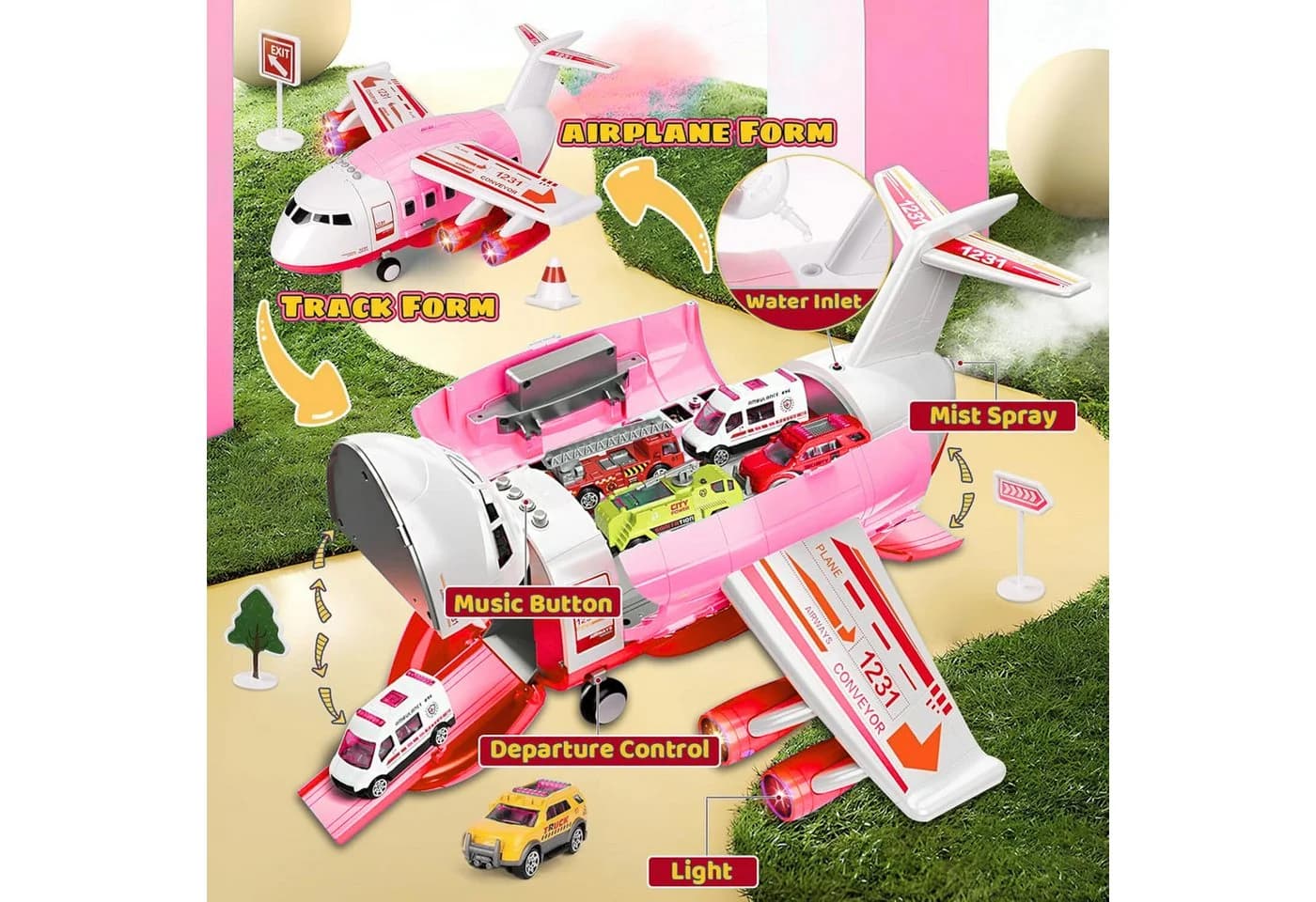 Vivitar Spielzeug-Flugzeug mit Lichtern, Geräuschen, Sprühfunktion und 12 Mini-Fahrzeugen - Bild 2