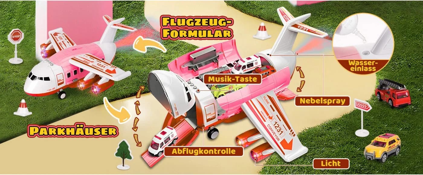 Vivitar Spielzeug-Flugzeug mit Lichtern, Geräuschen, Sprühfunktion und 12 Mini-Fahrzeugen - Bild 4