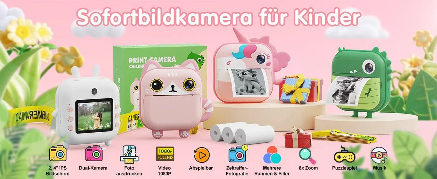 Vivitar Sofortbildkamera 2,4'' Bildschirm für Kinder mit 32GB Karte & Zubehör Kinderkamera