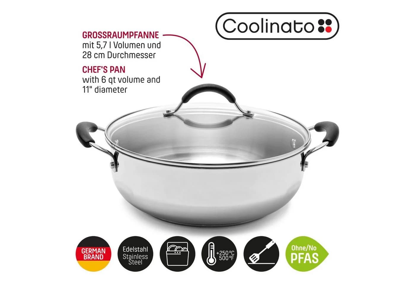 Coolinato Bratpfanne 28cm Antihaftbeschichtet Edelstahl Silber - Bild 3