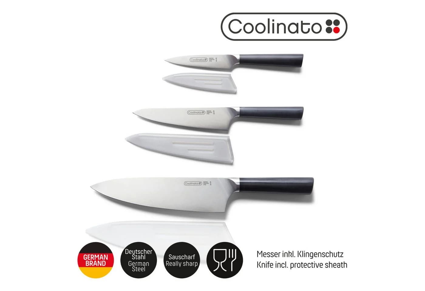 Coolinato Messer-Set 3tlg Profi Küchen Messer Schwarz