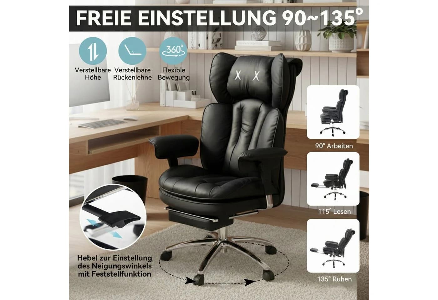 EFOMAO Bürostuhl Schreibtischstuhl Gaming-Stuhl Chefsessel mit Fußstütze, ergonomisch, mit 90°-135° Liegefunktion, höhenverstellbare Armlehnen - Bild 4