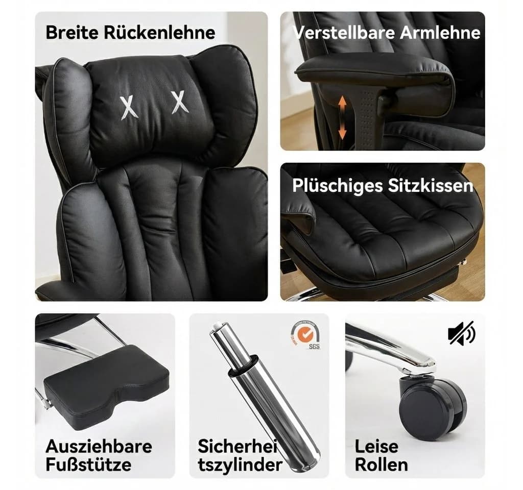 EFOMAO Bürostuhl Schreibtischstuhl Gaming-Stuhl Chefsessel mit Fußstütze, ergonomisch, mit 90°-135° Liegefunktion, höhenverstellbare Armlehnen - Bild 5