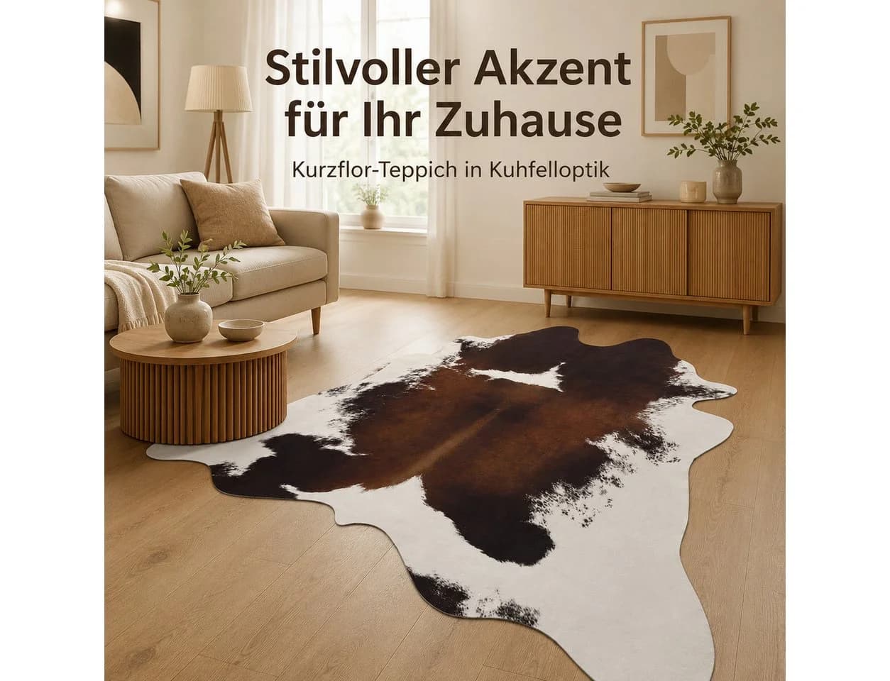 Lochas Fellteppich in Kuhfelloptik, Kurzflor, waschbar, braun-weiß