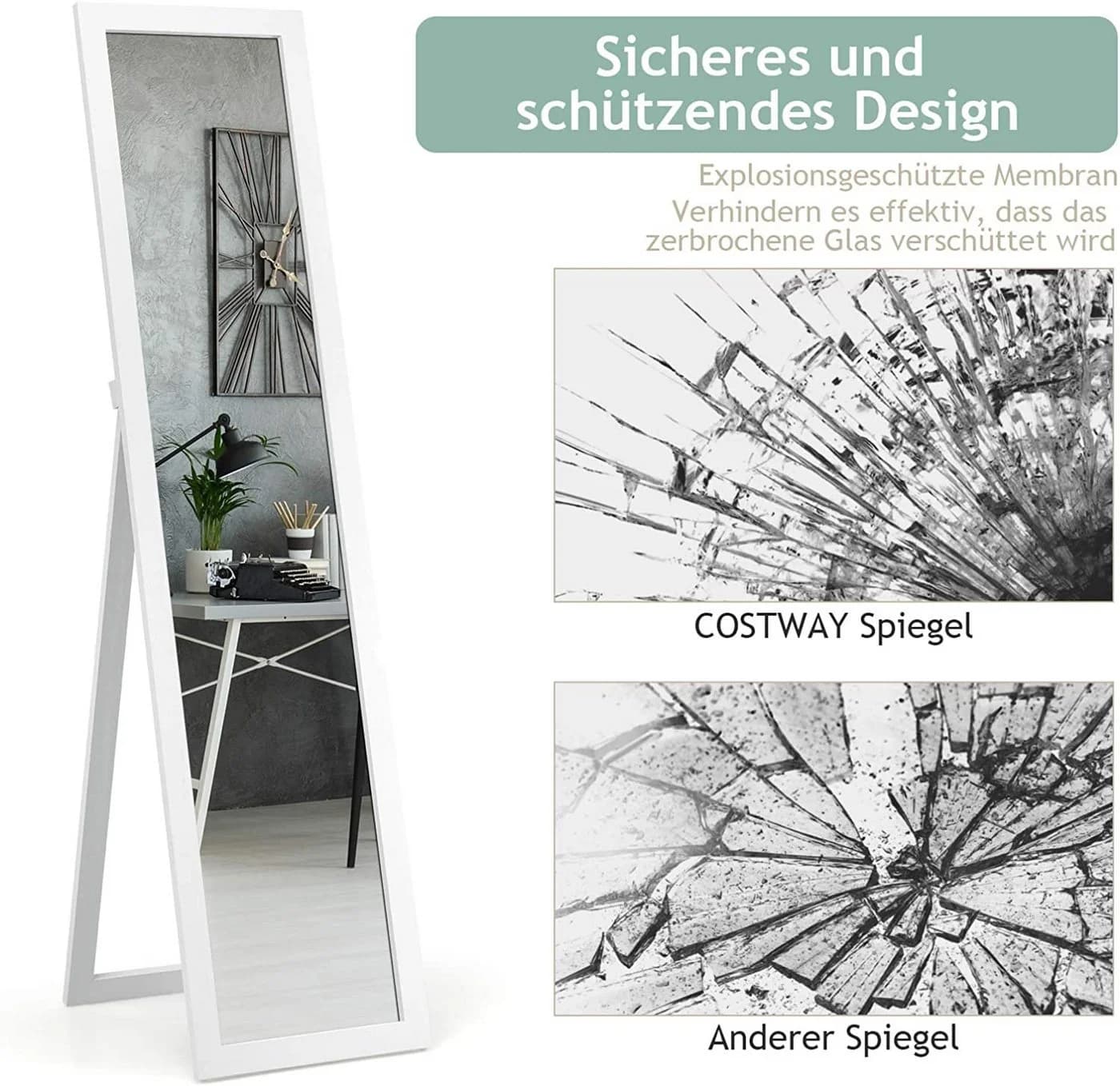 COSTWAY Ganzkörperspiegel mit klappbarem Holzrahmen, stehend/hängend 37x155cm - Bild 5