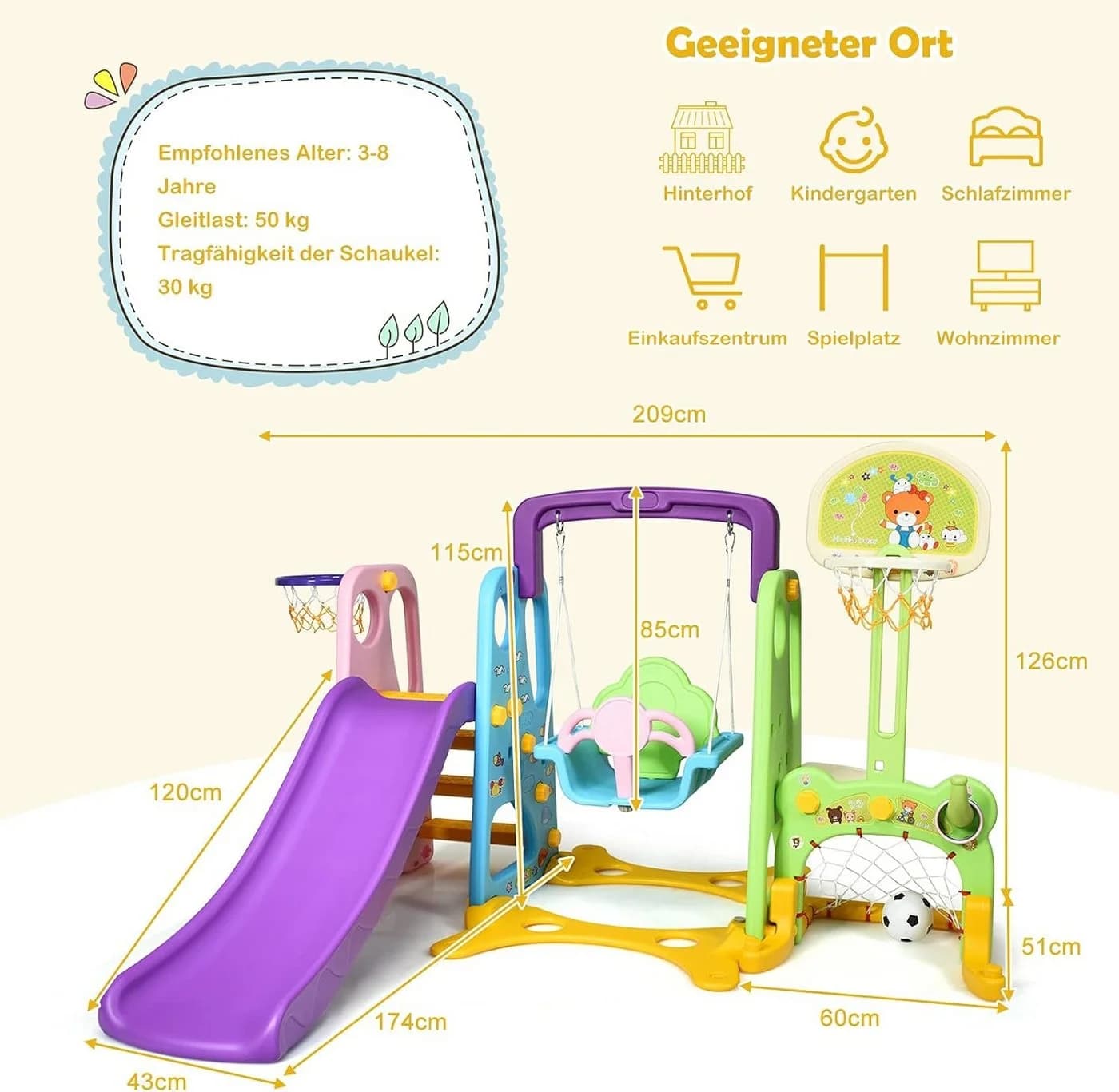 KOMFOTTEU 6-in-1 Spielplatz Indoor Outdoor Bunt HDPE - Bild 3