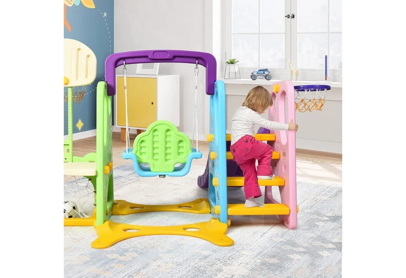 KOMFOTTEU 6-in-1 Spielplatz Indoor Outdoor Bunt HDPE - Bild 4